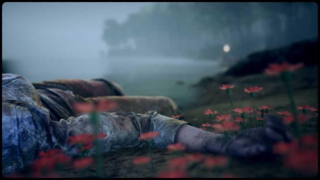 Screenshot aus dem Spiel: eine Leiche am Ufer eines Gewässers liegt in den Blumen, die nicht im Bild sind