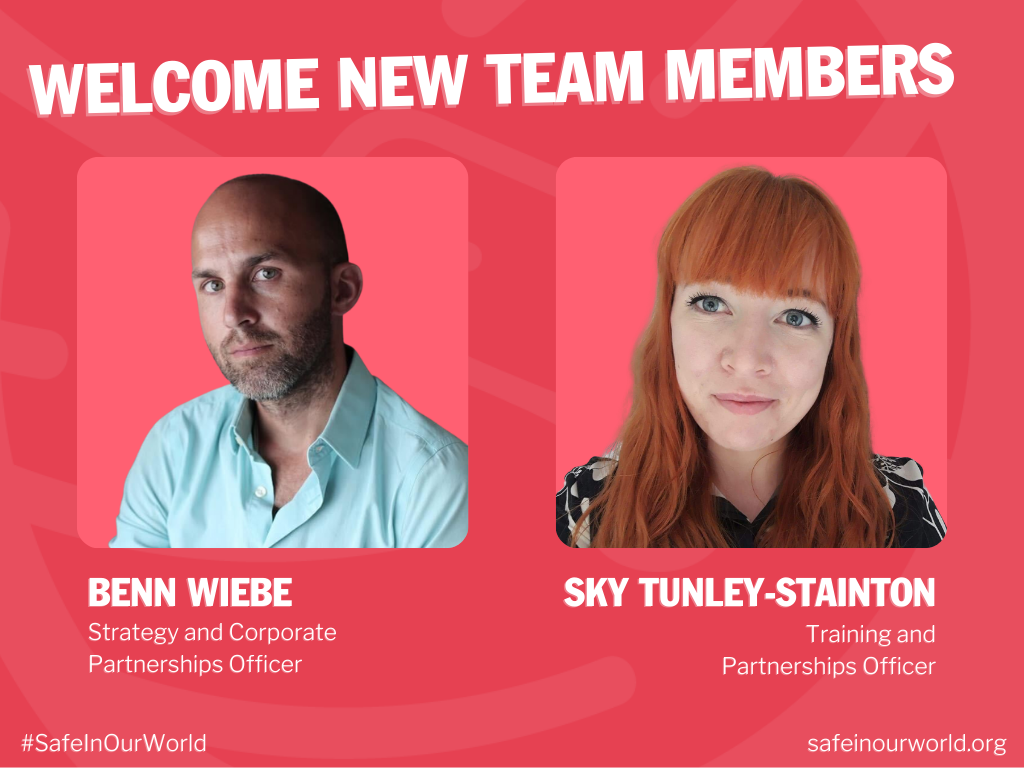 There is a SIOW pink/red background with white text titling 'Welcome our new team members' There is a SIOW logo in the top right corner. There are two squares with photos of Benn and Sky above their names in white below. There is a #SafeInOurWorld and safeinourworld-stage1.mystagingwebsite.com text at the bottom of the image.
