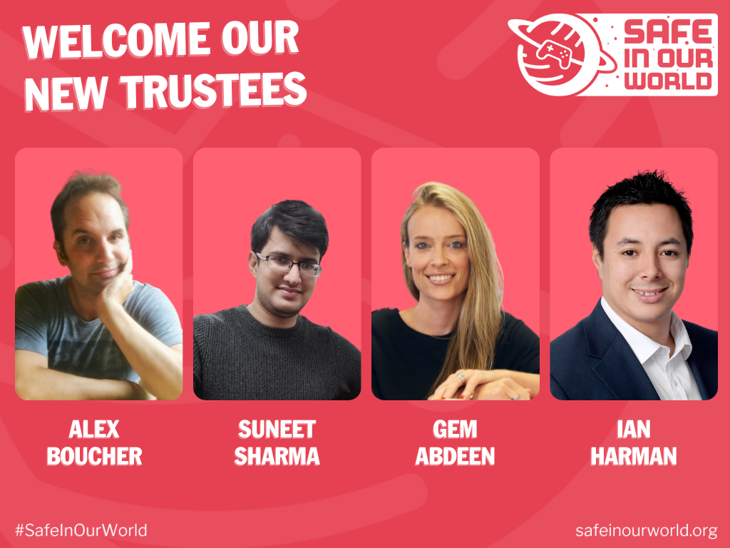 There is a SIOW pink/red background with white text titling 'Welcome our new trustees' There is a SIOW logo in the top right corner. There are four rectangles with photos of each Trustee above their names in white below. There is a #SafeInOurWorld and safeinourworld-stage1.mystagingwebsite.com text at the bottom of the image.