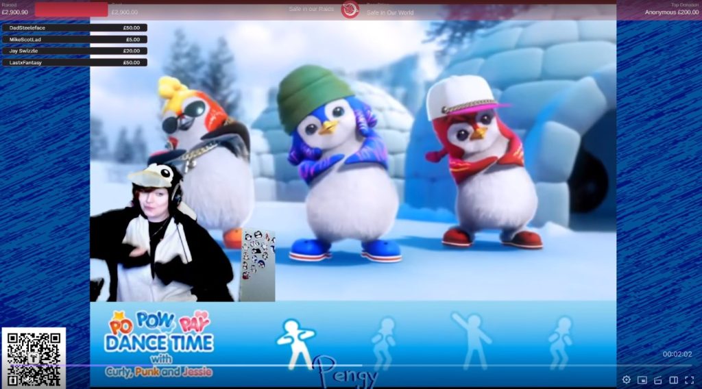 Pengy is in a penguin suit, dancing in front of 3 cartoon penguins in celebration of the 48 hour stream raid train event