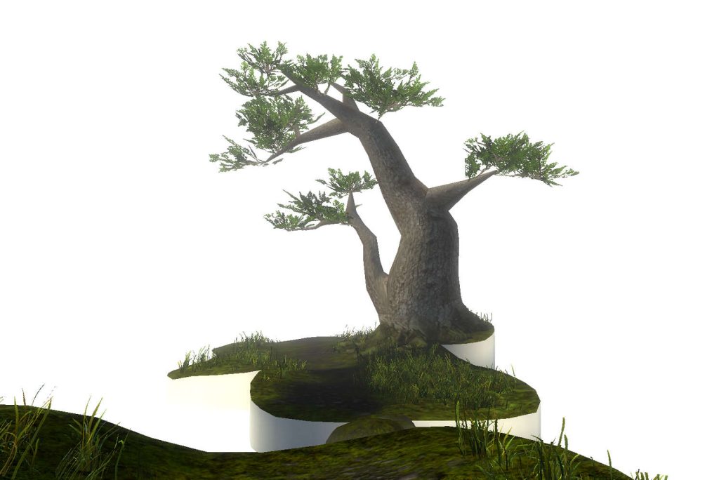 an animated tree on a series of grassy islands suspended in a white background/space