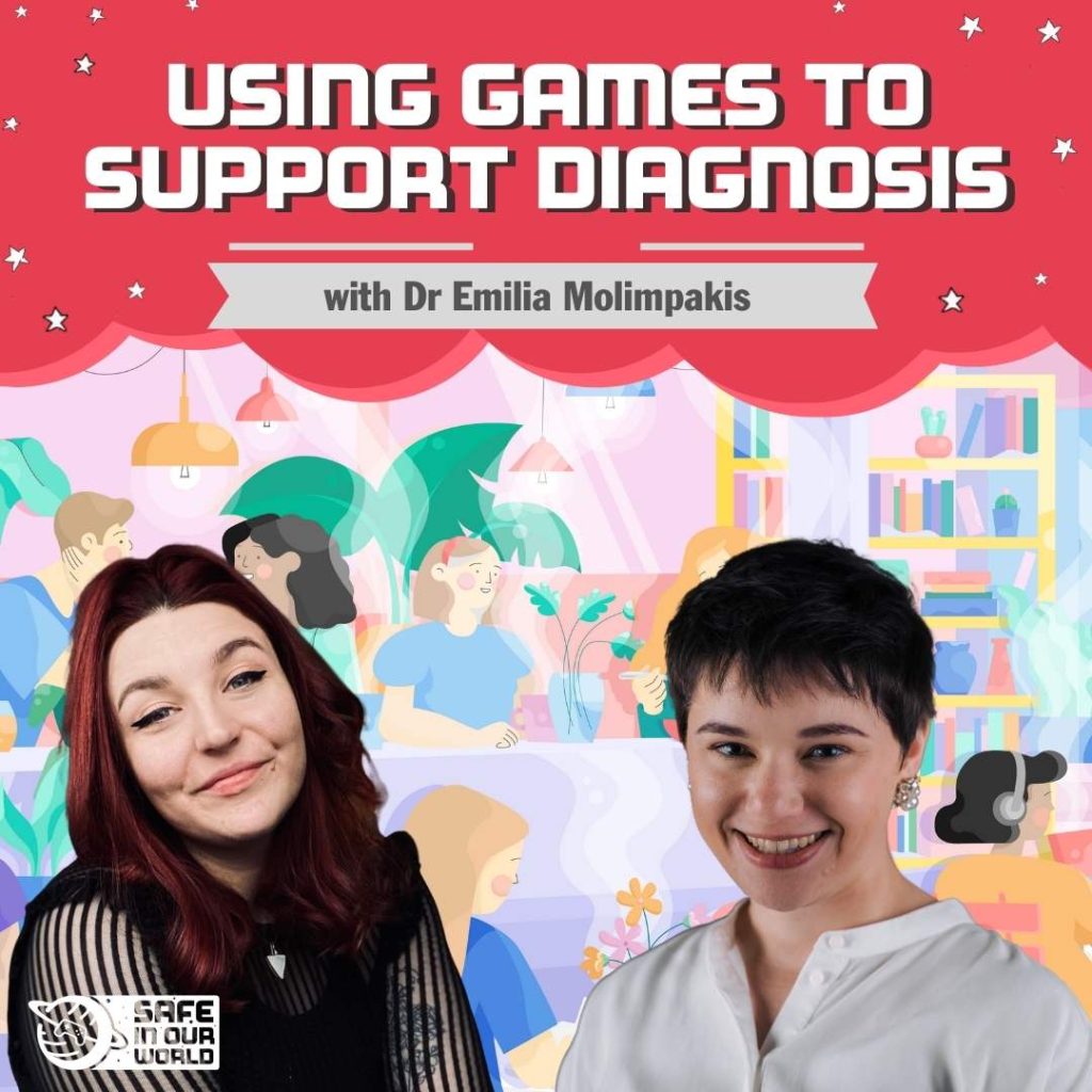 Rosie and Emilia are smiling in front of a screenshot of a cafe scene from Thymia. The text reads 'using games to support diagnosis' with Dr Emilia Molimpakis