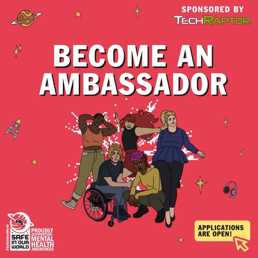 Become an Ambassador is written in block in white. Beneath is a series of illustrated characters in front of a pixel explosion. There are illlustrated stars, and objects (mic, rocket, headphones, controller) in the background. Sponsored by Techraptor.