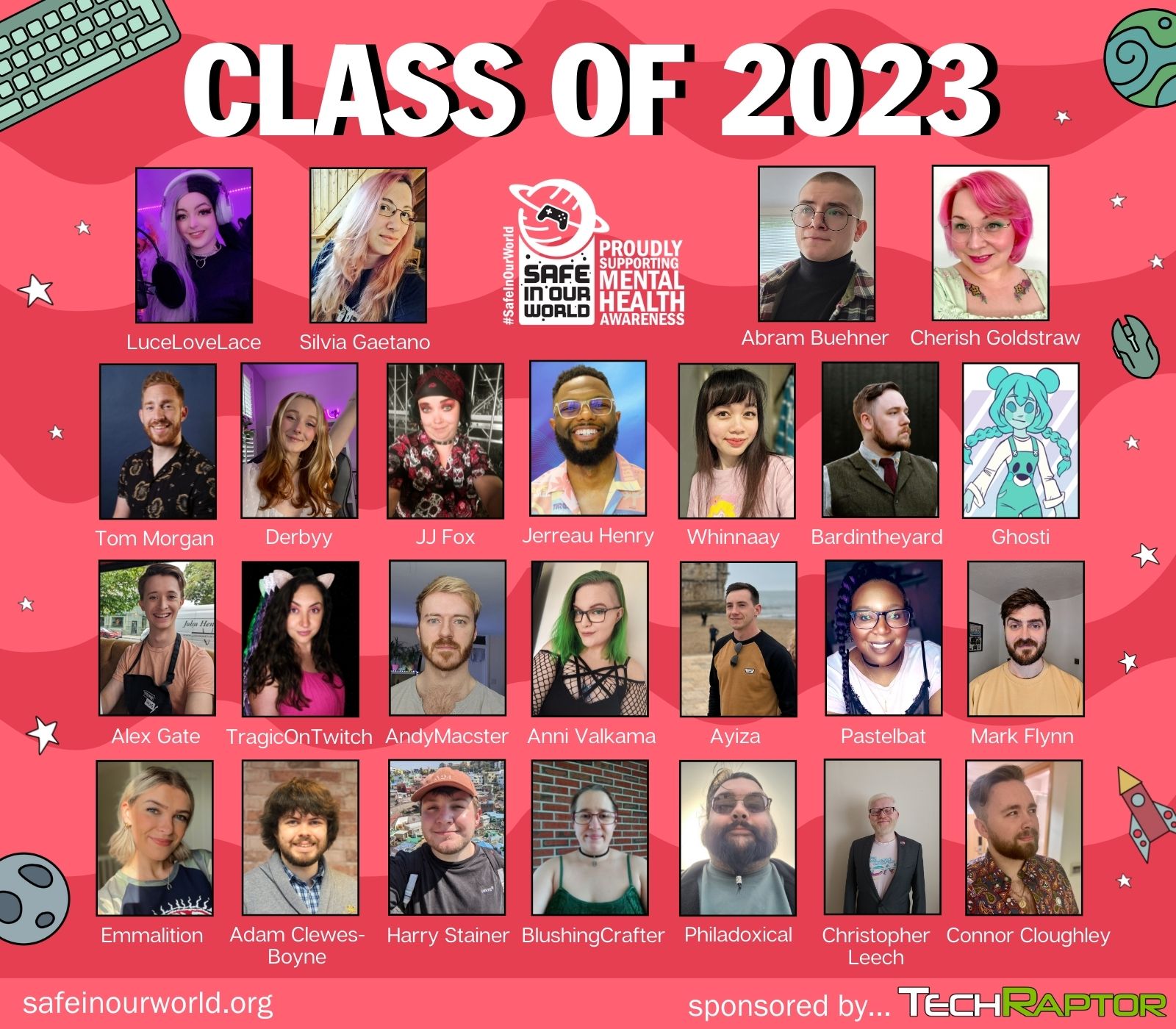 An image of 25 people's portraits on a SIOW pink/red background, with their names. Title reads 'Class of 2023' in bold white letters. There is a banner at the bottom with text 'sponsored by Techraptor'