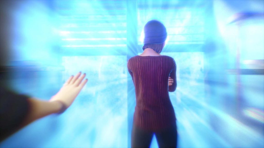 A screenshot where Alex is reaching out to Steph who's back is turned, with a blue 'aura' surrounding her.