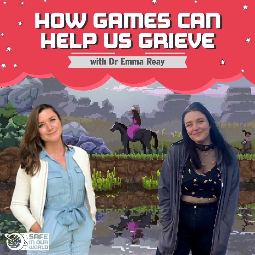 'How Games Help Us Grieve' with Dr Emma Reay - written in white writing in a pink bubble at the top above an image of Kingdom Classic. Rosie and Emma stand on either side of the image smiling. 