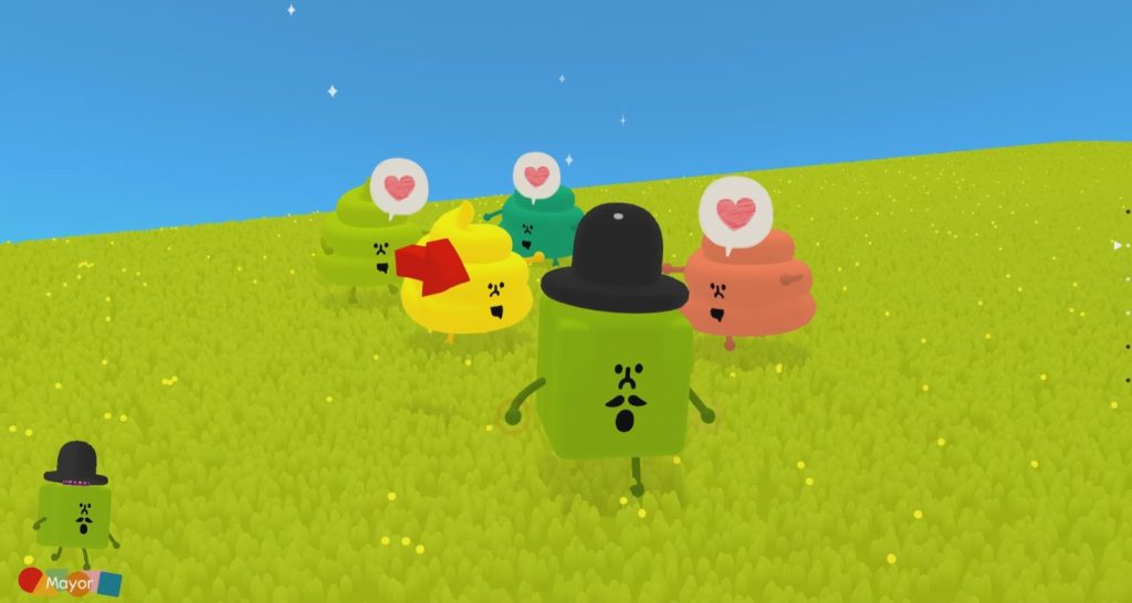A screenshot from Wattam, with colourful blob characters running across a field, led by the Mayor (with a bowling hat)