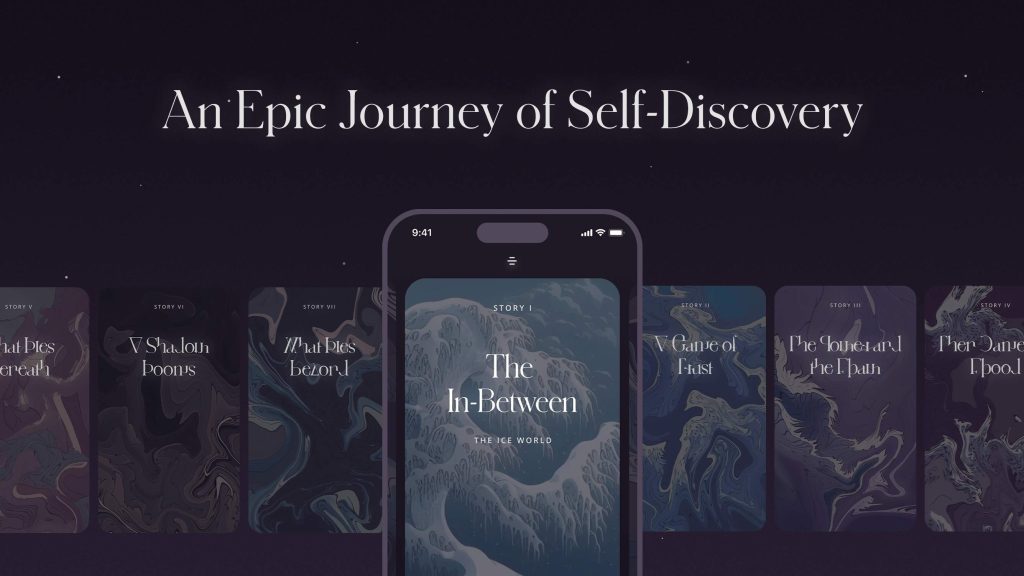 a number of phone screens with warped words on them, on a purple background. in the centre, it reads 'an epic journey of self discovery' 
