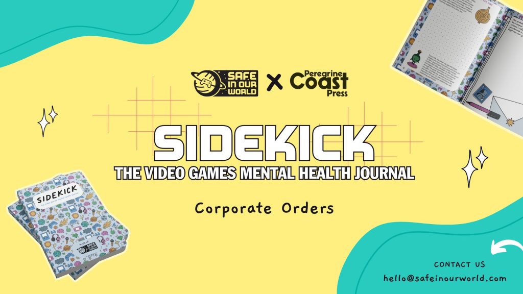 'Sidekick' Teh Video Games Mental Health Journal - Corporate Orders written on a yellow/blue background, with journal outlines. 