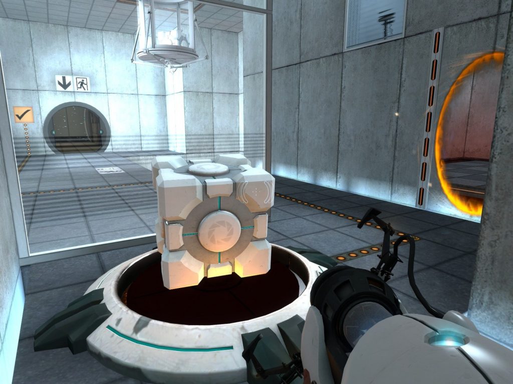A screenshot from Portal, with a white cube on a circular disc in a concrete building. 