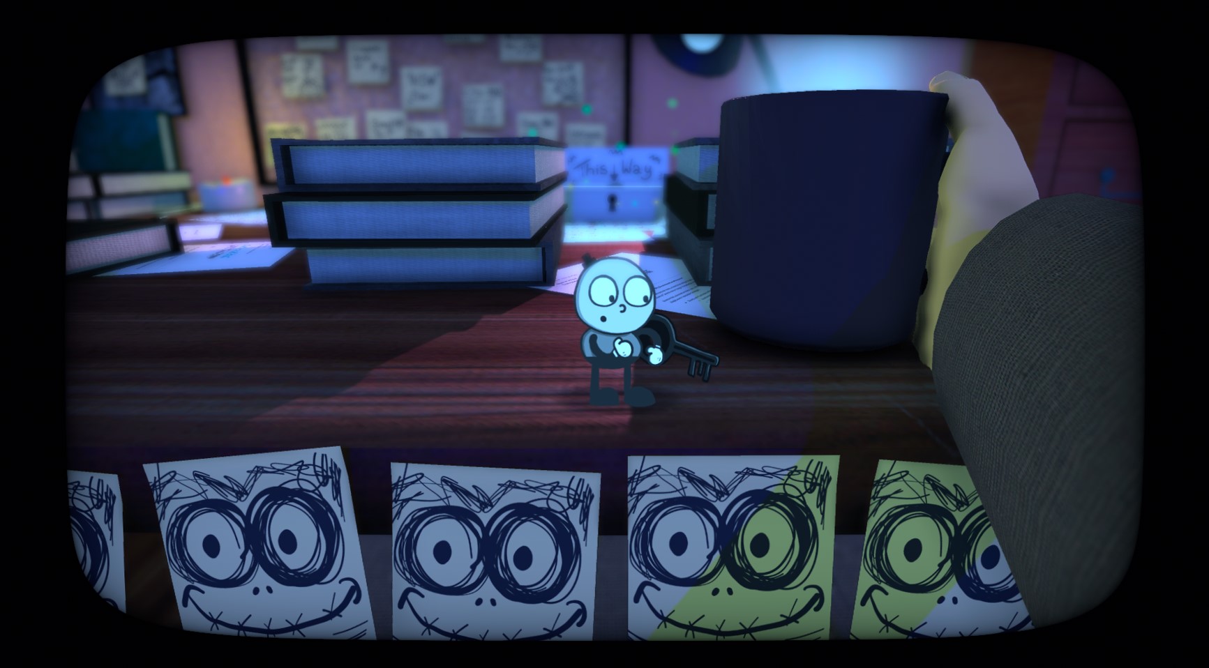 A cartoon character stood with a key on a desk. There are post-its of smiley scary faces on the edge of the desk. an arm rests on the desk cradling a mug. 
