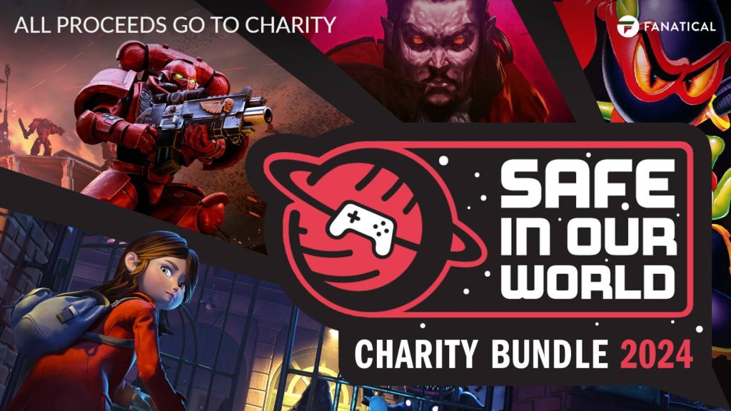 A promotional image of the charity bundle 2024 with Safe In Our World. There are 4 games featured in wedges expanding from a Safe In Our World logo. These are GYLT, Warhammer 40k Battlesector, Vampire Survivors and Zool Redimensioned.