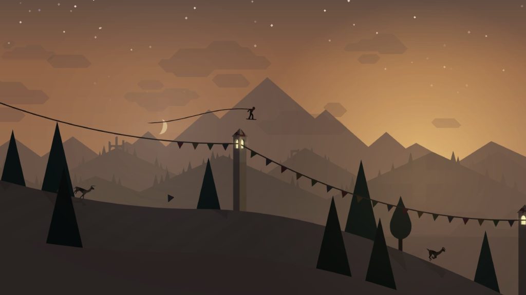 A screenshot from Alto's Adventure, showing a cartoon snowboarding jumping over a mountain landscape.