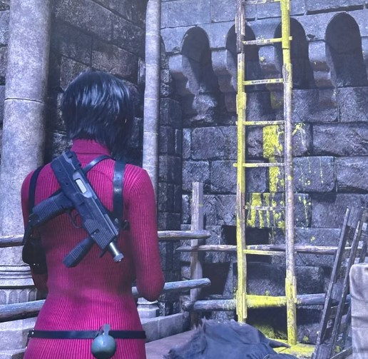 An image showing the ladder covered in yellow paint from Resident Evil 4