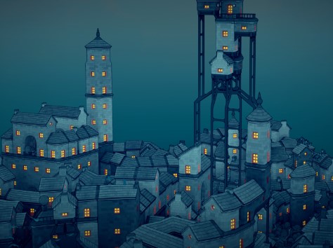 A cartoon illustrated-looking town lit up at night