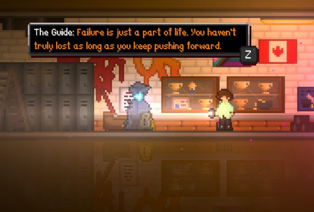 a screenshot from Noxia Somnia, showing pixel art of the main character, Tristan, standing in a school hallway facing a robed translucent figure called The Guide. The guide says "failure is just a part of life. You haven't truly lost as long as you keep pushing forward."