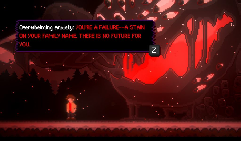 a screenshot from Noxia Somnia, showing pixel art of the main character, Tristan, standing facing away from a big red monster in the background whilst snow falls on the ground. The monster (named Overwhelming Anxiety) says "you're a failure - a stain on your family name. There is no future for you."