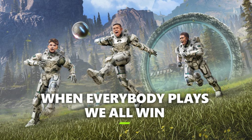 A screenshot from Xbox's website showing 3 people kicking a virtual football with a portal in the background. There is large text above them reading "when everybody plays we all win"