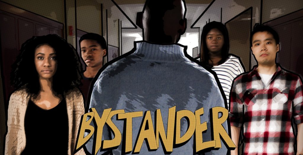 Photo of students at school staring ahead through a corridor as someone walks in the centre of them. There is text reading 'Bystander'