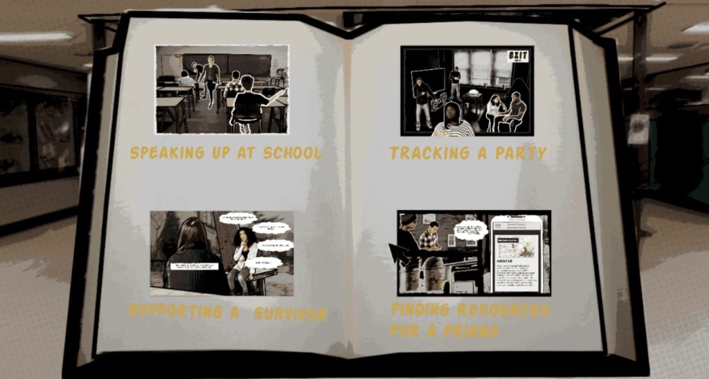 An image from Bystander showing an open book with 4 images/options - Speaking up at school, tracking a party, supporting a survivor and finding resources for a friend