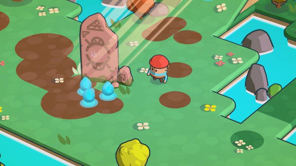 cartoon character from Pine Hearts wearing a red cap stands beside an engraved rock in a grassy area, surrounded by ponds and flowers. 